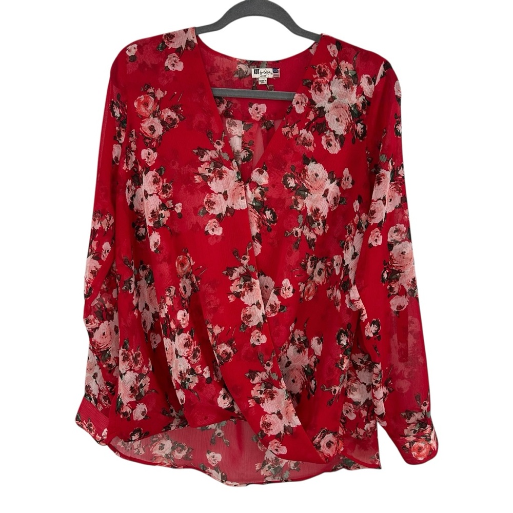 Kut from the Kloth Red Floral Mock Wrap Chiffon Blouse Size Large Long Sleeves